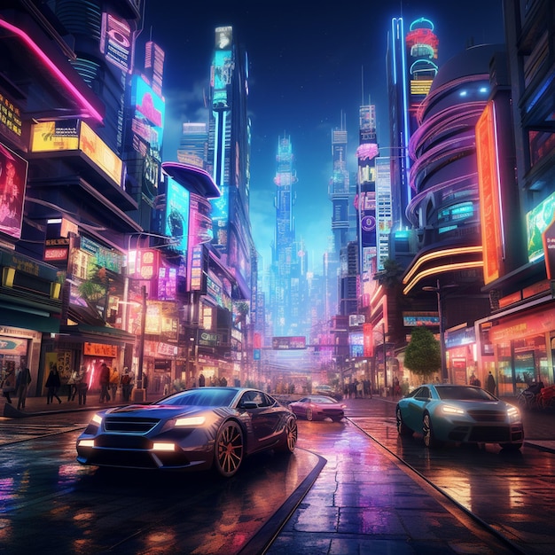 A bustling cyberpunk cityscape with neon lights flying fast car