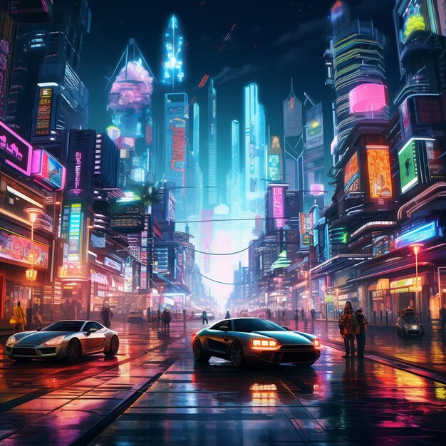 A bustling cyberpunk cityscape with neon lights flying fast car