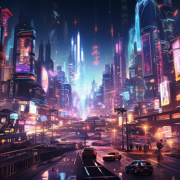 A bustling cyberpunk cityscape with neon lights flying fast car