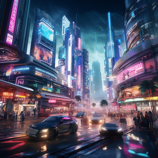 A bustling cyberpunk cityscape with neon lights flying fast car