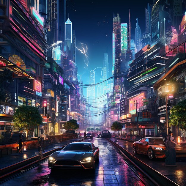 A bustling cyberpunk cityscape with neon lights flying fast car