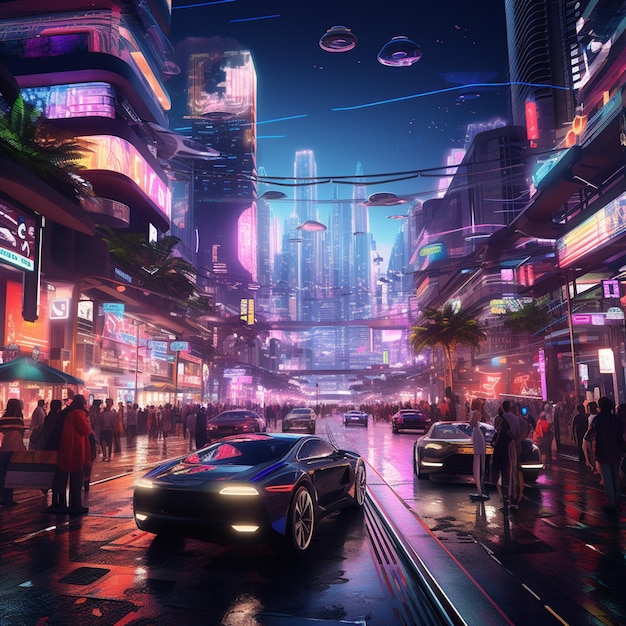 A bustling cyberpunk cityscape with neon lights flying fast car