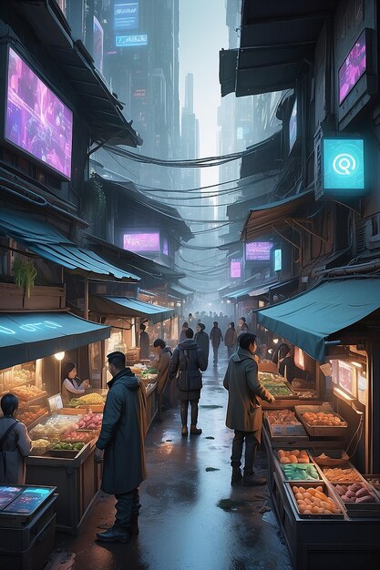 Photo a bustling cyberpunk street market filled with holographic displays