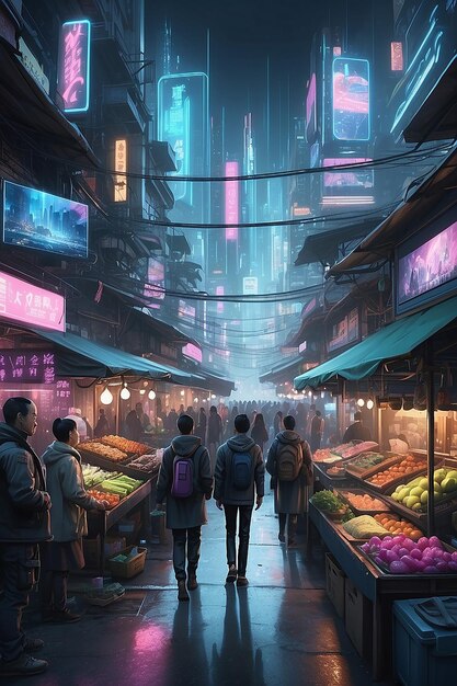 Photo a bustling cyberpunk street market filled with holographic displays