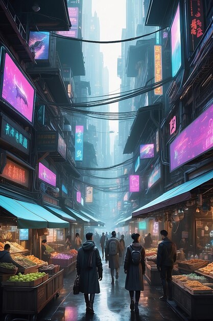 Photo a bustling cyberpunk street market filled with holographic displays