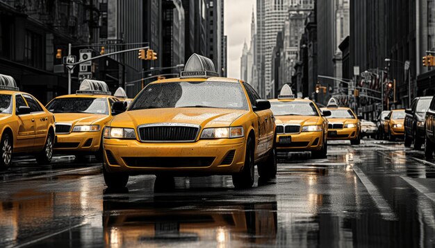 Photo bustling downtown new york city street with yellow cabs in motion blur exuding energy