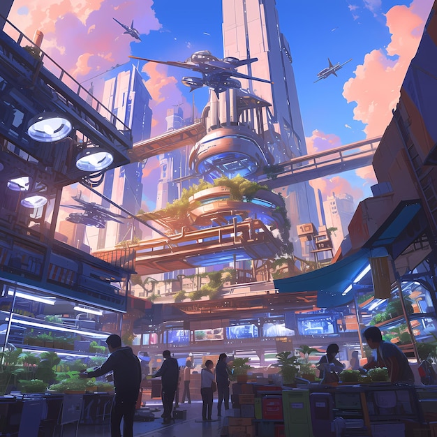 Bustling EcoFuturistic Market with Towering Cityscape