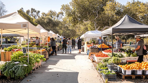A bustling farmers market is a great place to find fresh and local produce