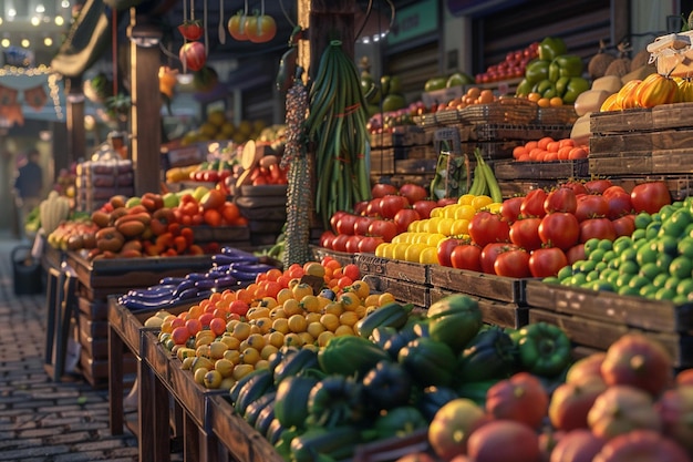 A bustling farmers market with colorful produce oc