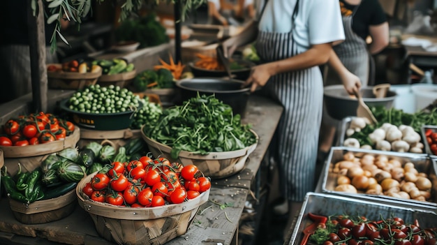 A bustling farmers market with a vibrant display of fresh organic produce and an array of meticulously crafted handmade goods Colorful stalls offer a delightful sensory experience for food