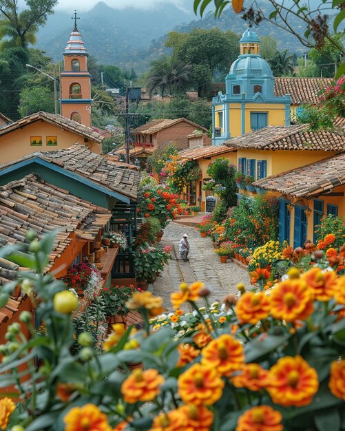 Photo a bustling flower market square wallpaper