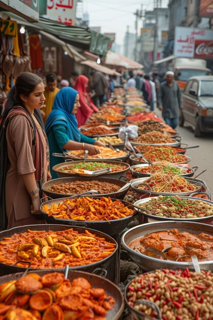 Photo a bustling food market scene where families buy ingredients for eid meals