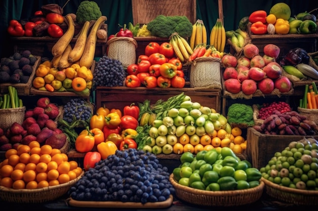 형형색색의 과일과 채소가 줄지어 늘어선 활기 넘치는 청과물 시장 Generative AI