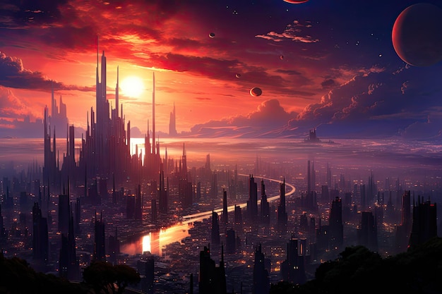 bustling futuristic city skyline at sundown