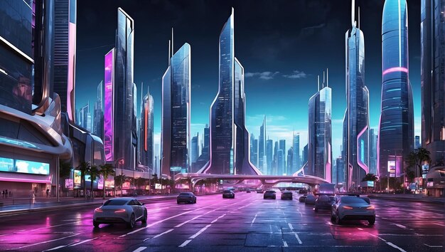 Photo bustling futuristic cityscape at night