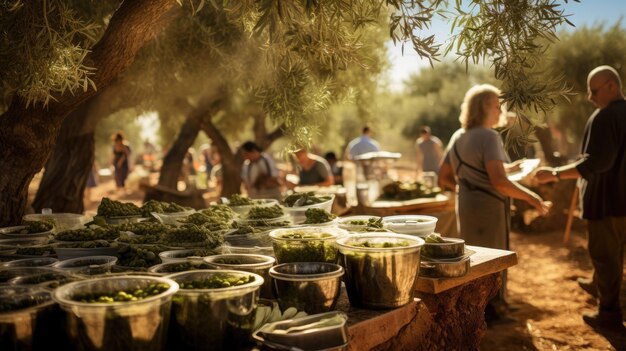 Bustling Greek Olive Grove with Marinated Olives and Feta Cheese