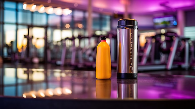 In a bustling gym a shaker bottle filled with a potent energyboosting mixture sits on a stainless steel counter Generative AI