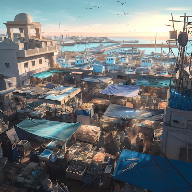 Bustling Harbor Market Amidst Fishing Boats and Stunning Sunset