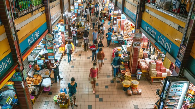 Photo a bustling indoor market with people shopping for food and other goods the market is full of color and activity