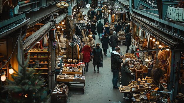 A bustling indoor market with shoppers and vendors The warm glow of lights and the cheerful chatter of people create a vibrant atmosphere