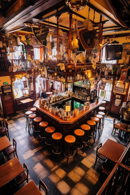 A bustling Irish pub from an overhead perspective