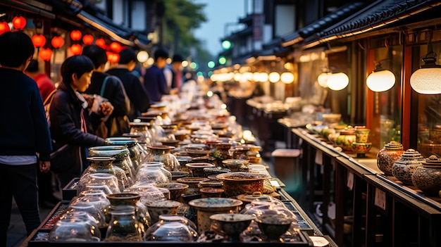 夕暮れ の 日本 の 活気 の ある 市場 鮮やかな 色彩 活発 な 販売 者 たち 没入 的 な 囲気