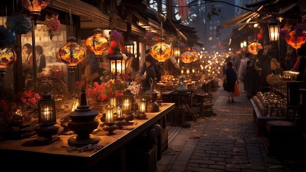 Bustling Japanese marketplace at twilight lanternlit alleys with vibrant vendor displays