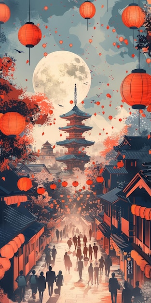 A bustling Japanese street with a pagoda and red lanterns
