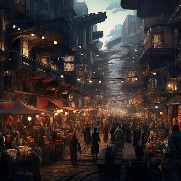 A bustling market in a cyberpunk city