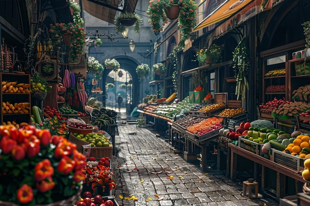 A bustling market filled with fresh produce and co