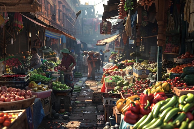 A bustling market filled with vendors selling fres