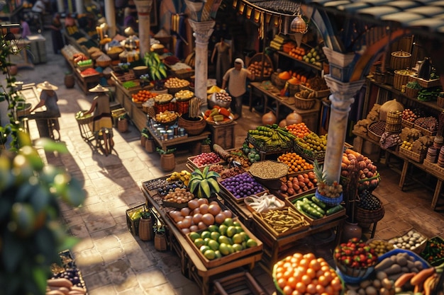 A bustling market filled with vendors selling fres