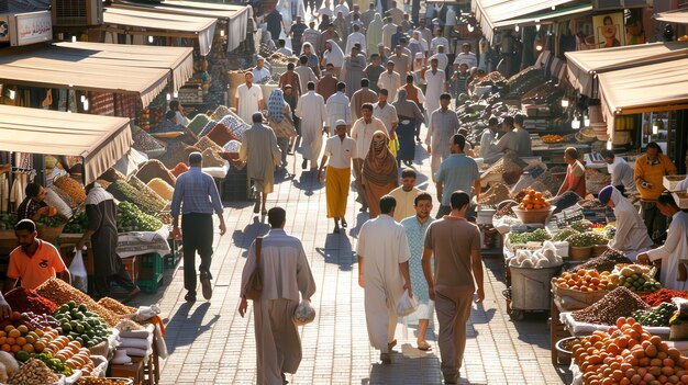 Foto un vivace mercato in medio oriente è pieno di persone che comprano e vendono merci il mercato è pieno di bancarelle colorate che vendono una varietà di articoli