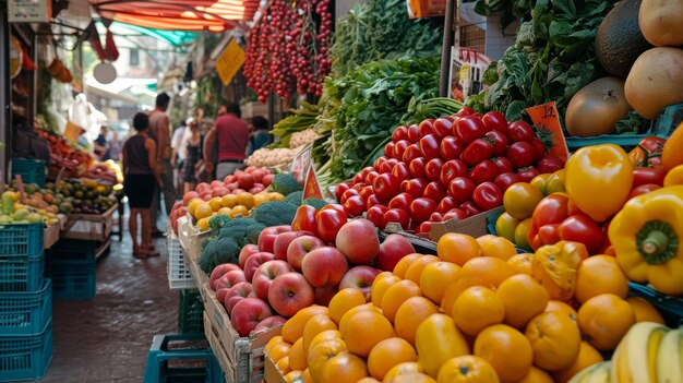оживленный рынок, предлагающий широкий выбор свежих фруктов и овощей летний день