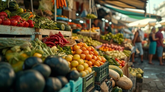 Foto mercato vivace che offre un'ampia selezione di frutta e verdura fresca giorno d'estate