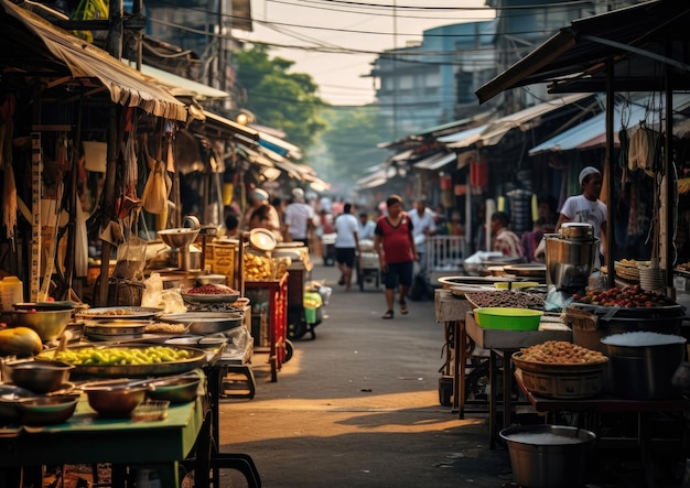 A bustling market scene in Chiang Mai with a variety of street food