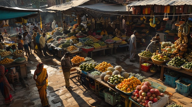 Foto una scena di mercato affollata con persone che comprano e vendono frutta e verdura