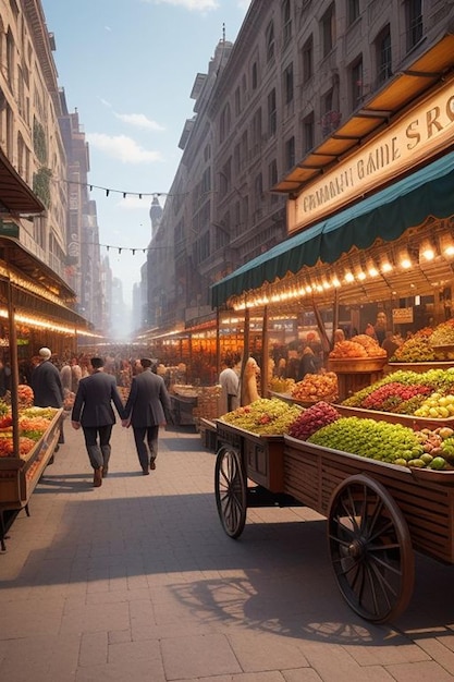 Foto scena di un mercato vivace con contrazioni a vapore e venditori