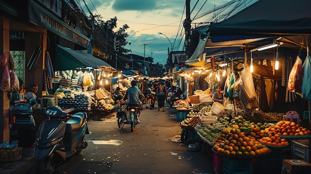 Photo a bustling market street in asia with people shopping for fresh produce clothing and other goods