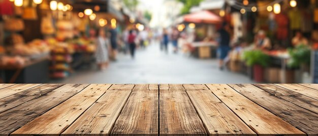 Photo bustling market street scene with wooden table top and copy space