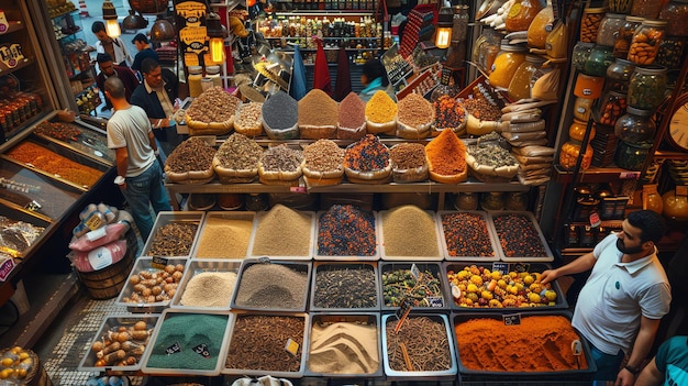 Photo a bustling market with a variety of spices nuts and other food items there are two shopkeepers in the image