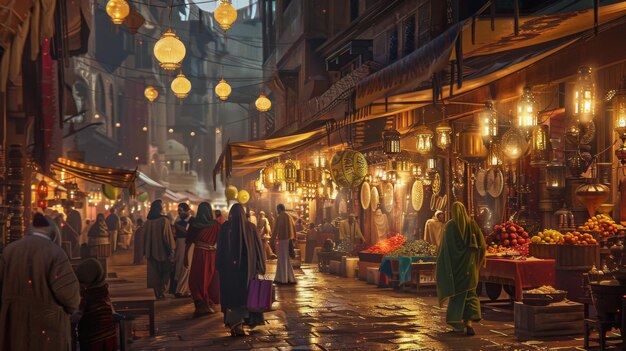 A bustling marketplace in a city square with vendors selling their wares under the warm glow of streetlights and colorful awnings