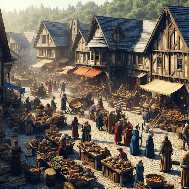 A bustling marketplace in a medieval village with merchants selling their