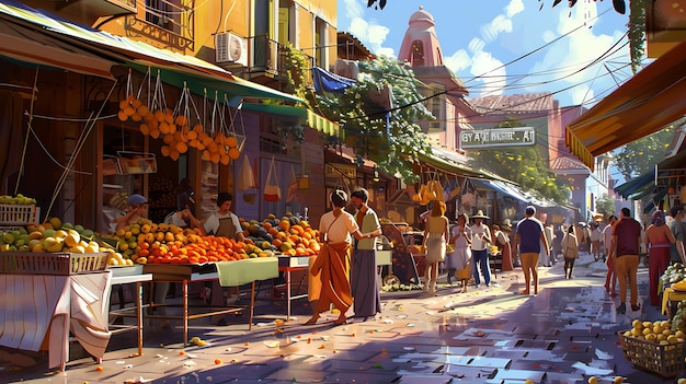 A bustling marketplace in a Mediterranean town The narrow street is lined with stalls selling fresh produce meats and spices