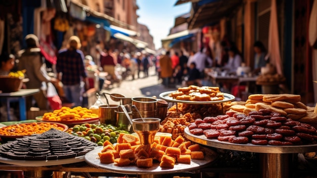 Оживленный рынок Марокко, наполненный яркими тканями, специями и поделками.