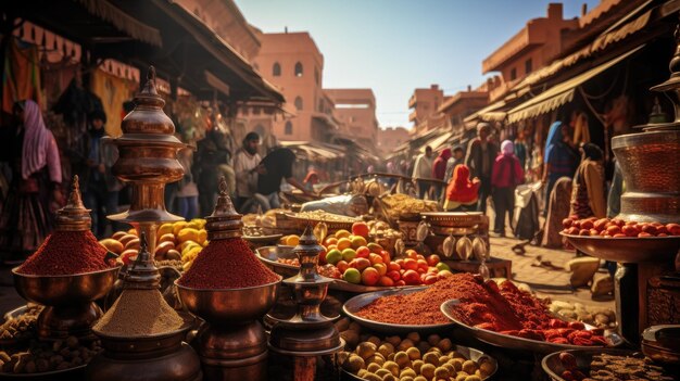 A bustling marketplace in Morocco filled with vibrant textiles spices and crafts