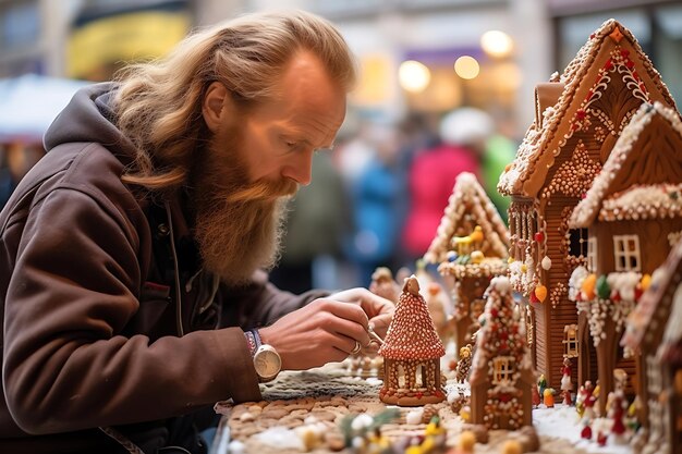 In a bustling marketplace a street performer amazed the crowd by crafting gingerbread sculptures