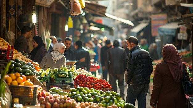 Photo a bustling middle eastern market is full of people buying and selling fresh produce