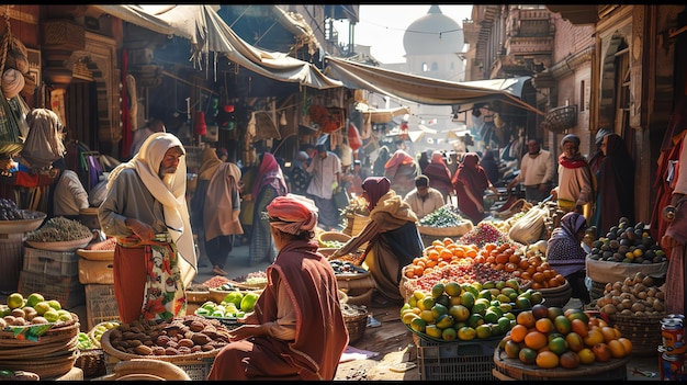 A bustling Middle Eastern market with people buying and selling a variety of goods The market is full of color and life