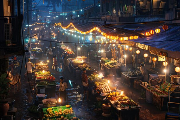 Foto un vivace mercato notturno con bancarelle di cibo e vendingue